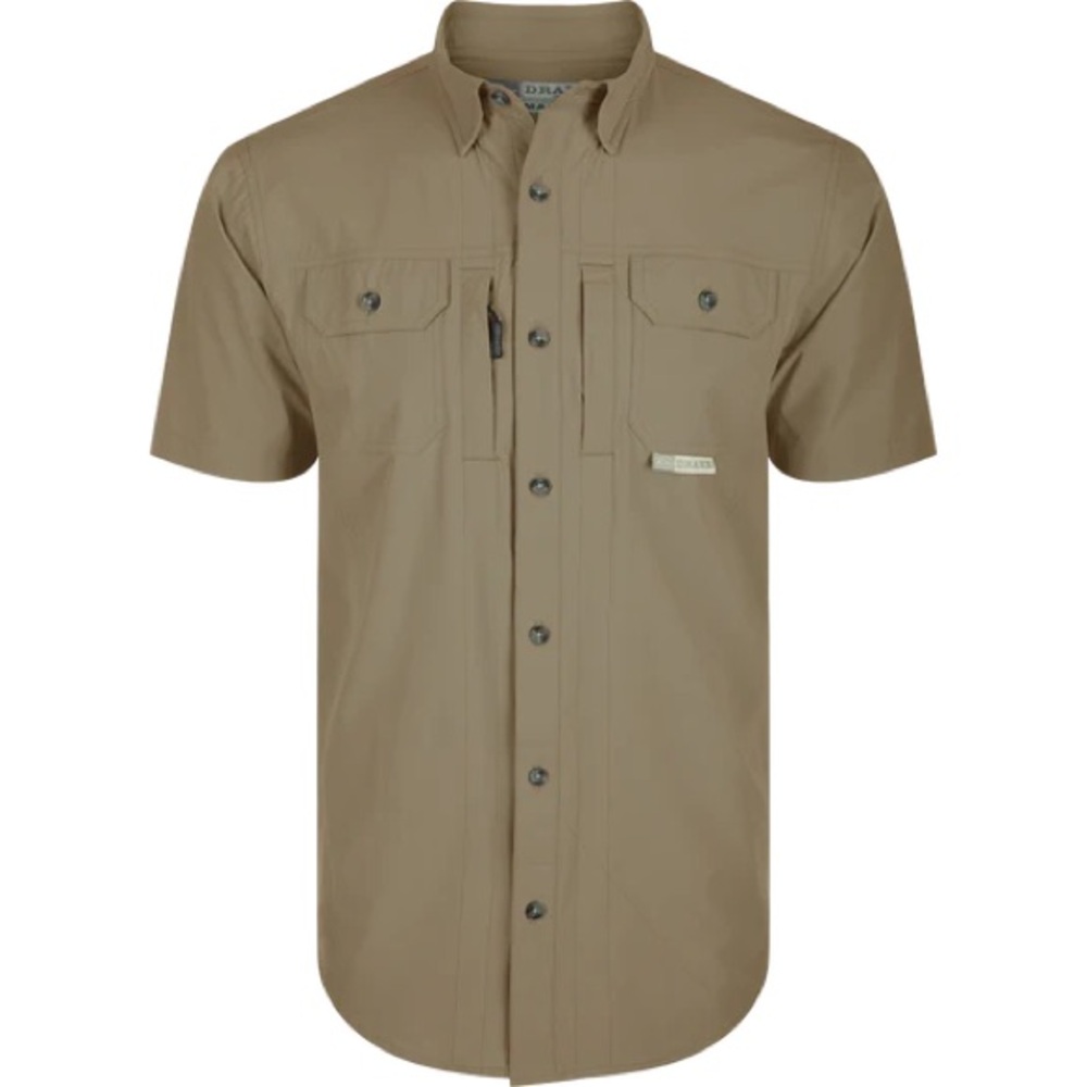 Drake Waterfowl Wingshooters Trey Short Sleeve Shirt in Timber Wolf Khaki